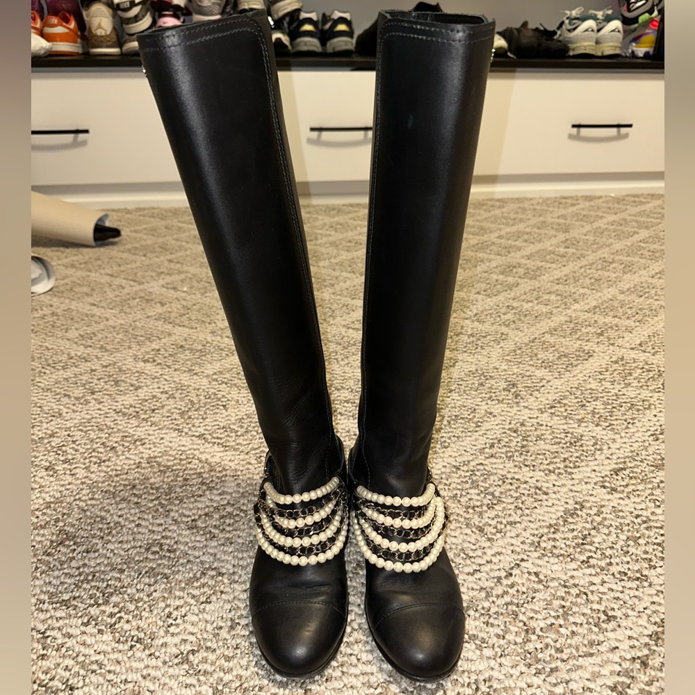 Chanel Pearl and Chain Adorned Knee High Riding Boots